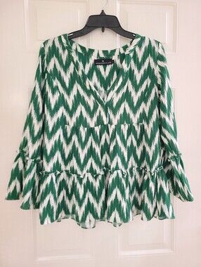 Tuckernuck Pomander Place Green Ikat Kenzo Blouse Top Size S Bell Sleeve EUC!